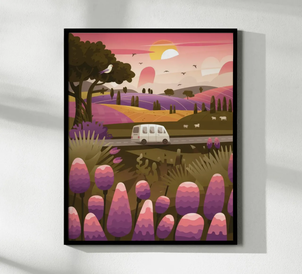 Viaggio nel prato viola poster con telaio in legno da Lumina Vision