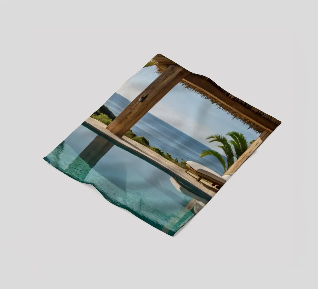 Relaxing by the tranquil poolside with ocean view fleece blanket by DesignDoodle