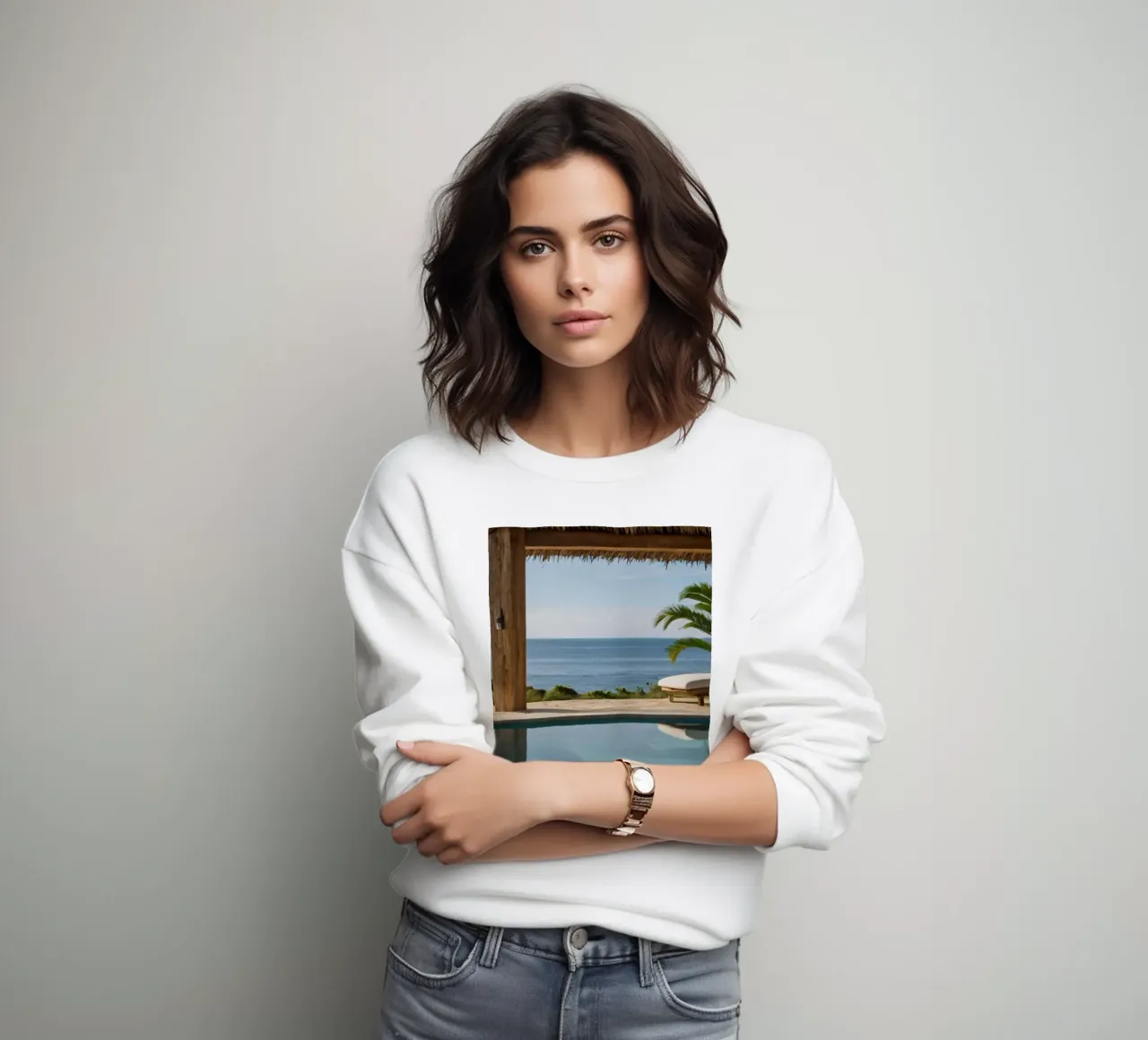 Relaxing by the tranquil poolside with ocean view sweatshirt by DesignDoodle