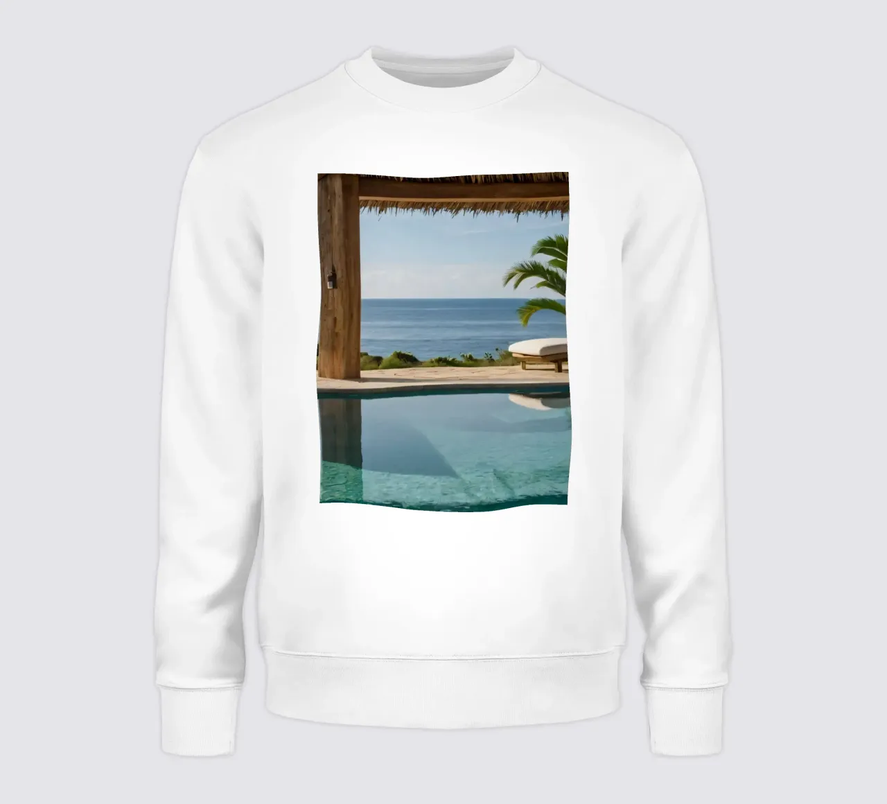 Relaxing by the tranquil poolside with ocean view sweatshirt by DesignDoodle