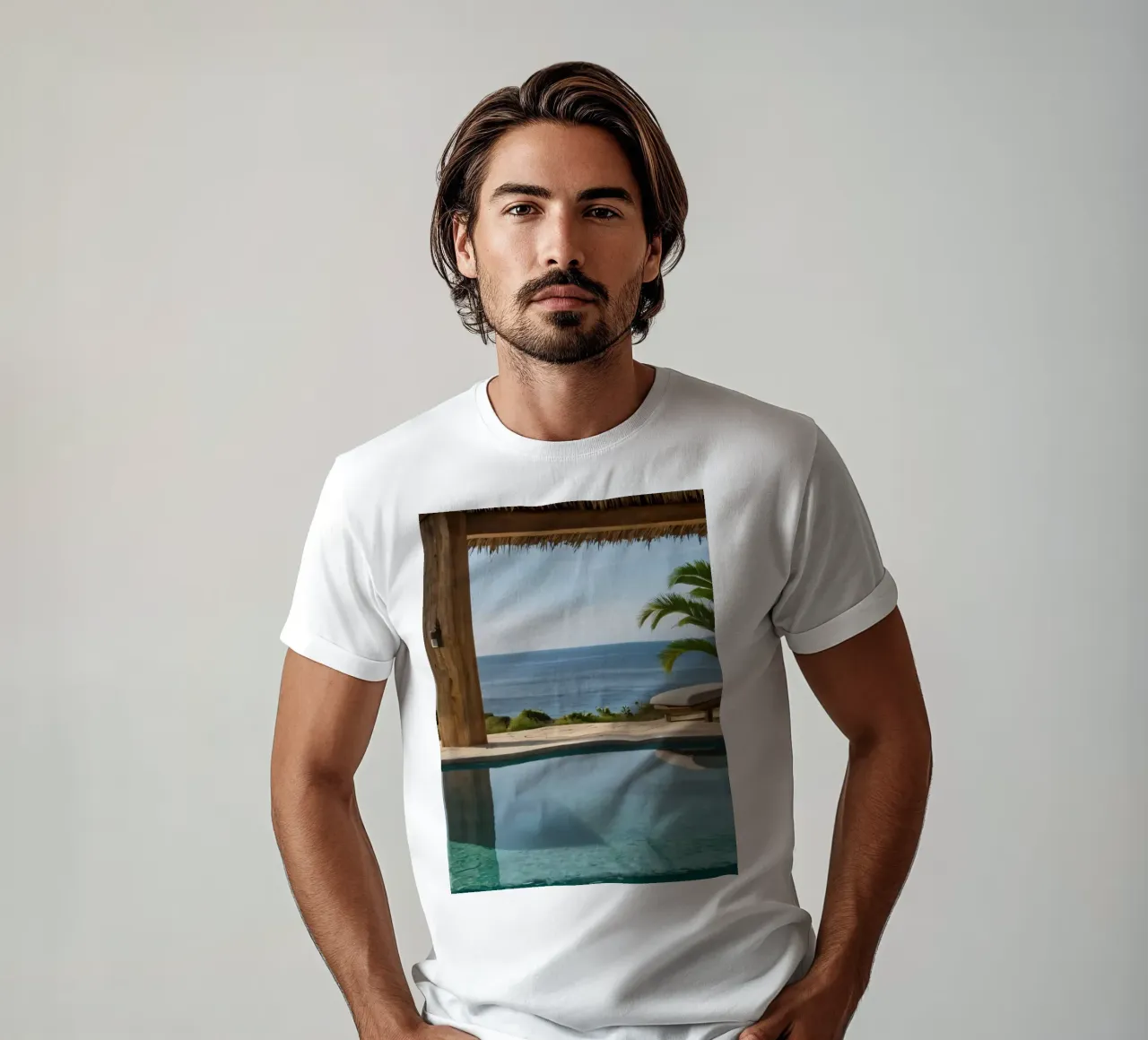 Relaxing by the tranquil poolside with ocean view t-shirt by DesignDoodle