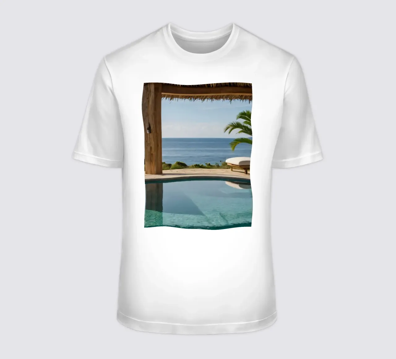 Relaxing by the tranquil poolside with ocean view t-shirt by DesignDoodle
