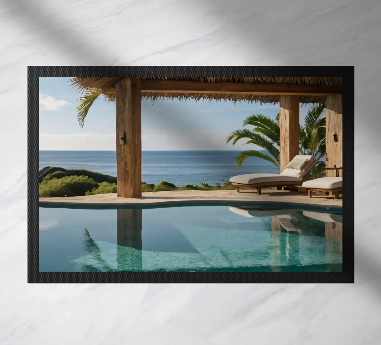 Relaxing by the tranquil poolside with ocean view doormat by DesignDoodle