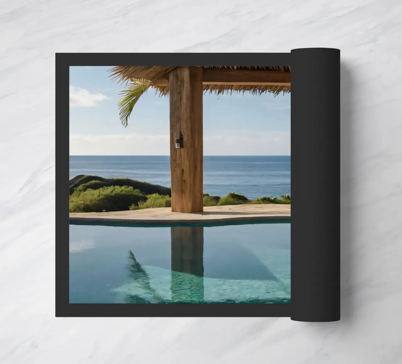 Relaxing by the tranquil poolside with ocean view doormat by DesignDoodle