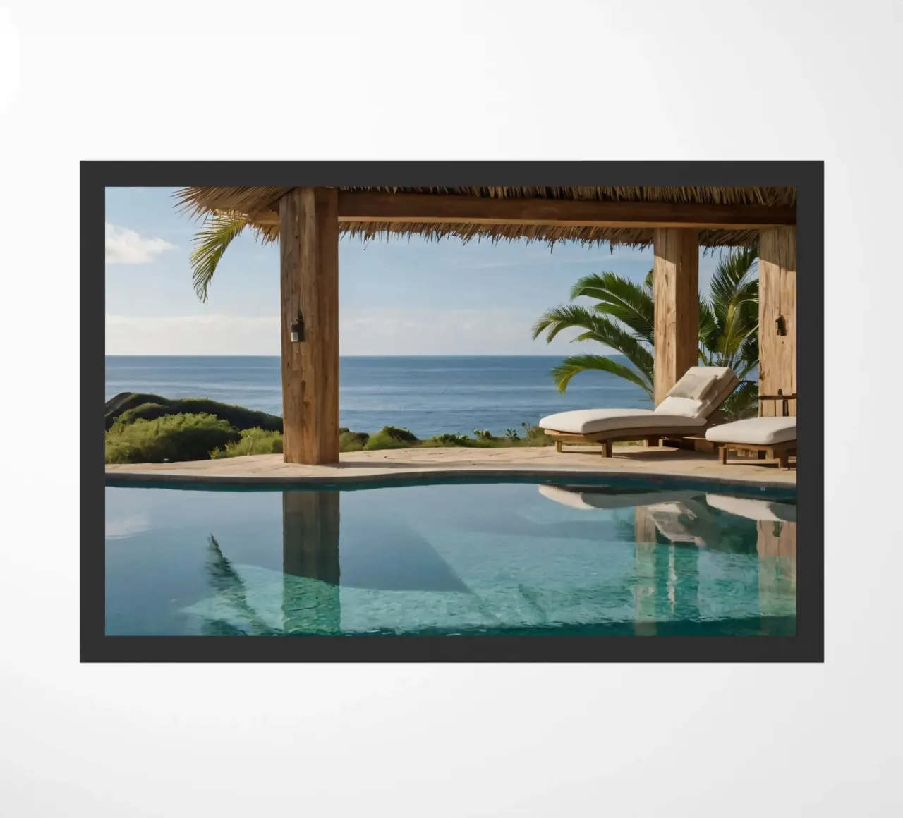 Relaxing by the tranquil poolside with ocean view doormat by DesignDoodle