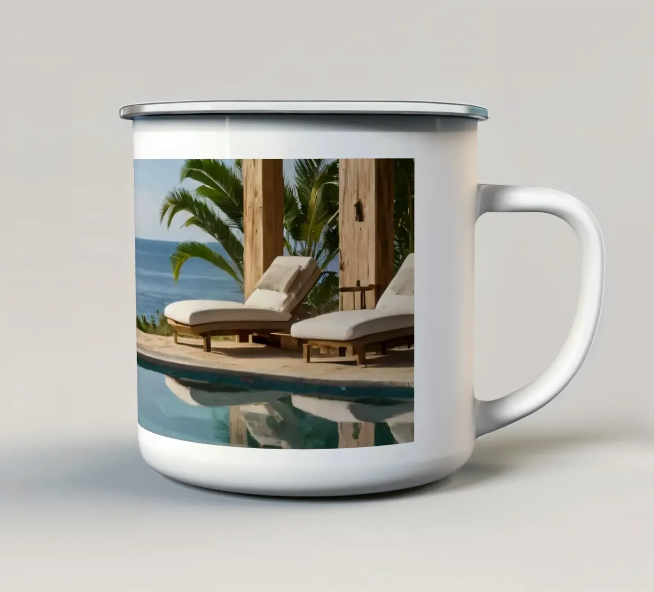 Relaxing by the tranquil poolside with ocean view enamel mug by DesignDoodle
