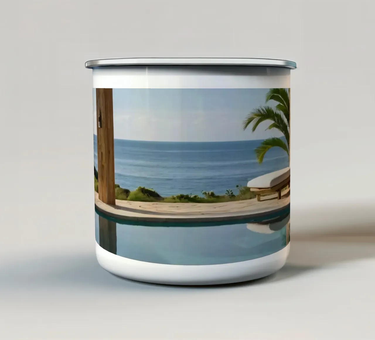 Relaxing by the tranquil poolside with ocean view enamel mug by DesignDoodle