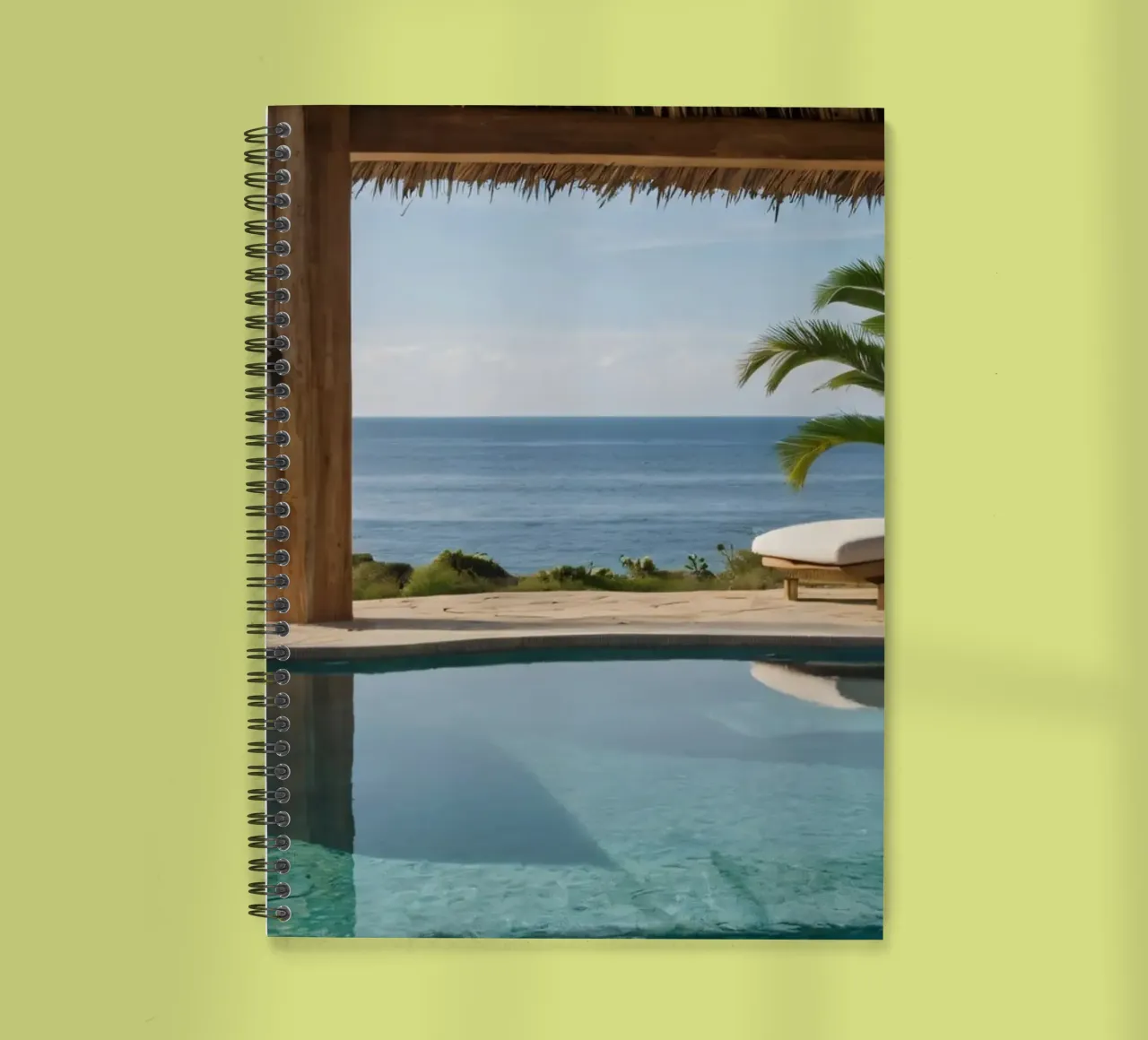 Relaxing by the tranquil poolside with ocean view spiral notebook by DesignDoodle
