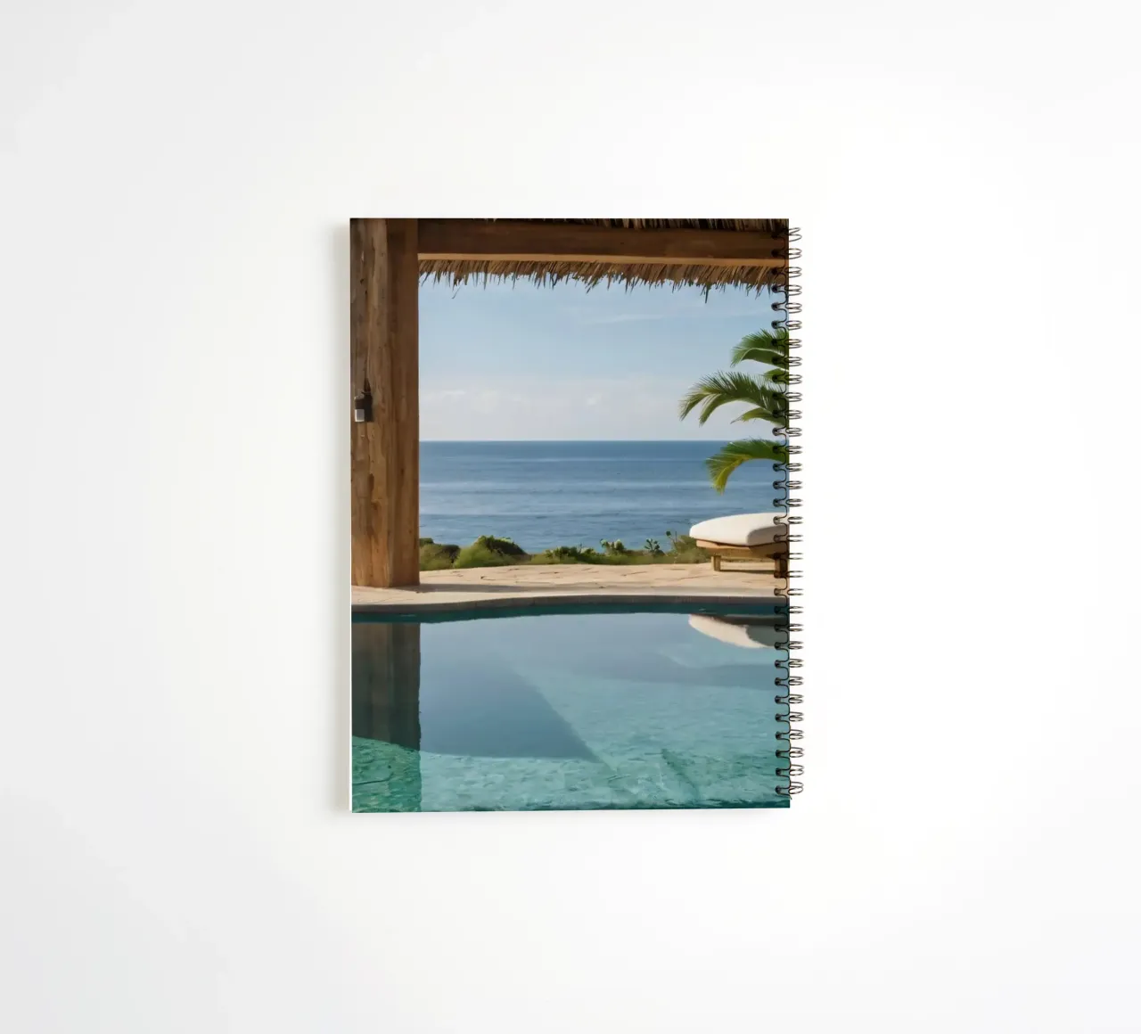 Relaxing by the tranquil poolside with ocean view spiral notebook by DesignDoodle