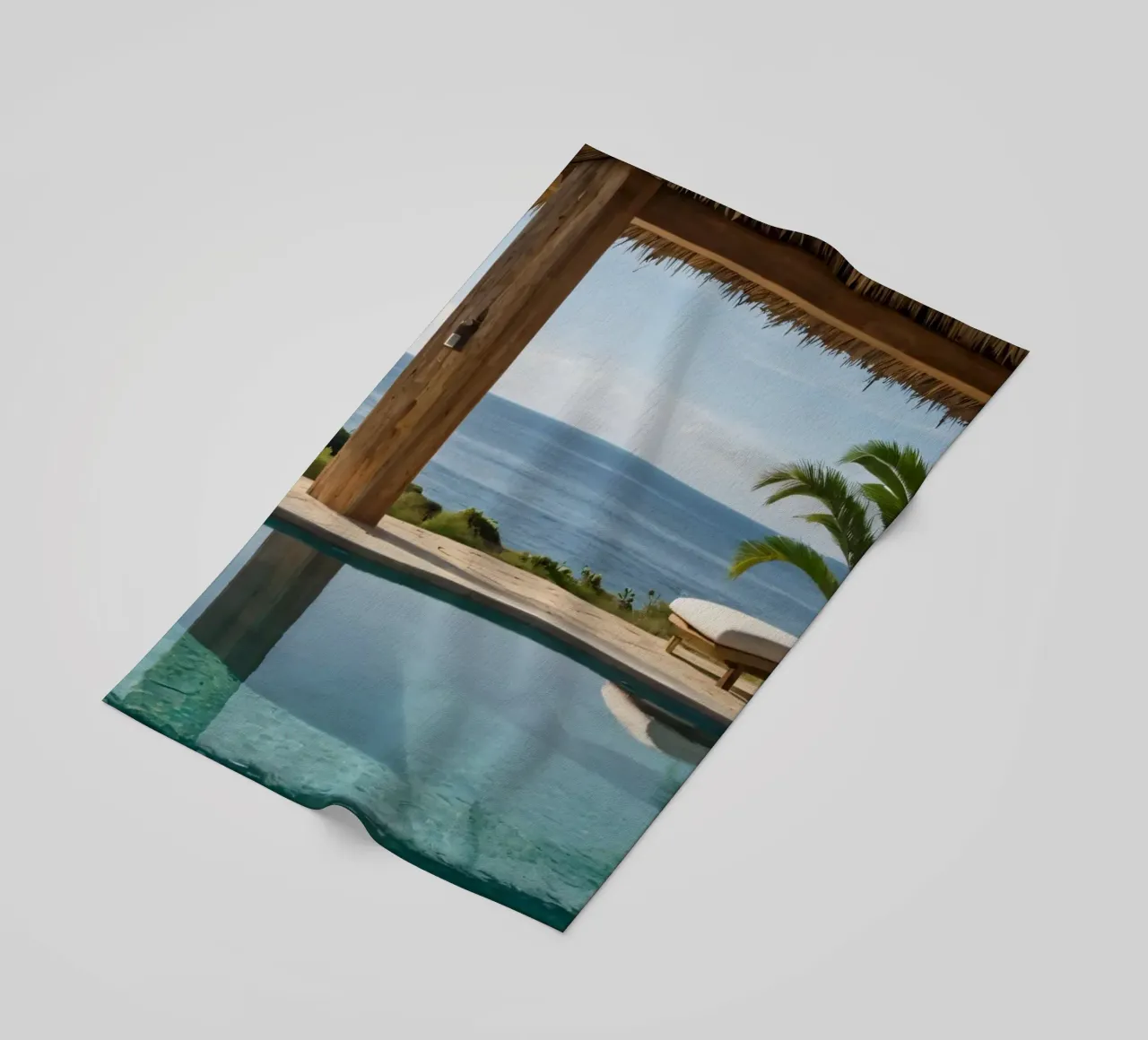 Relaxing by the tranquil poolside with ocean view beach towel by DesignDoodle
