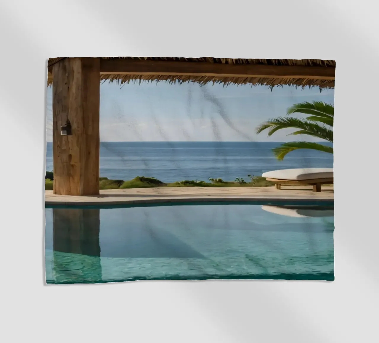 Relaxing by the tranquil poolside with ocean view beach towel by DesignDoodle