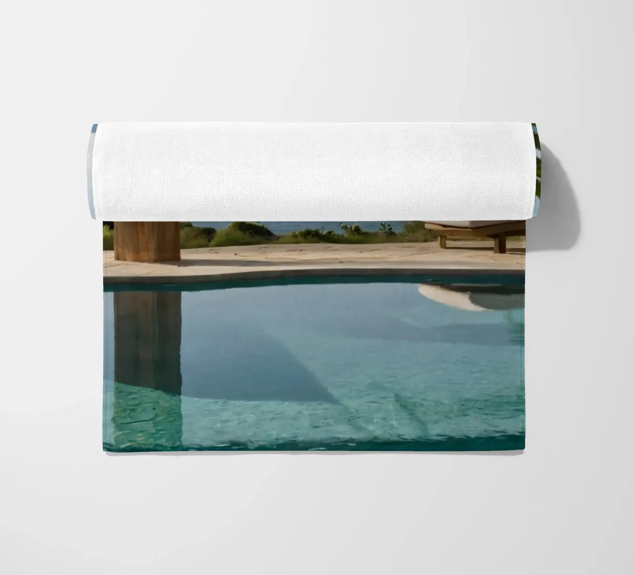 Relaxing by the tranquil poolside with ocean view beach towel by DesignDoodle