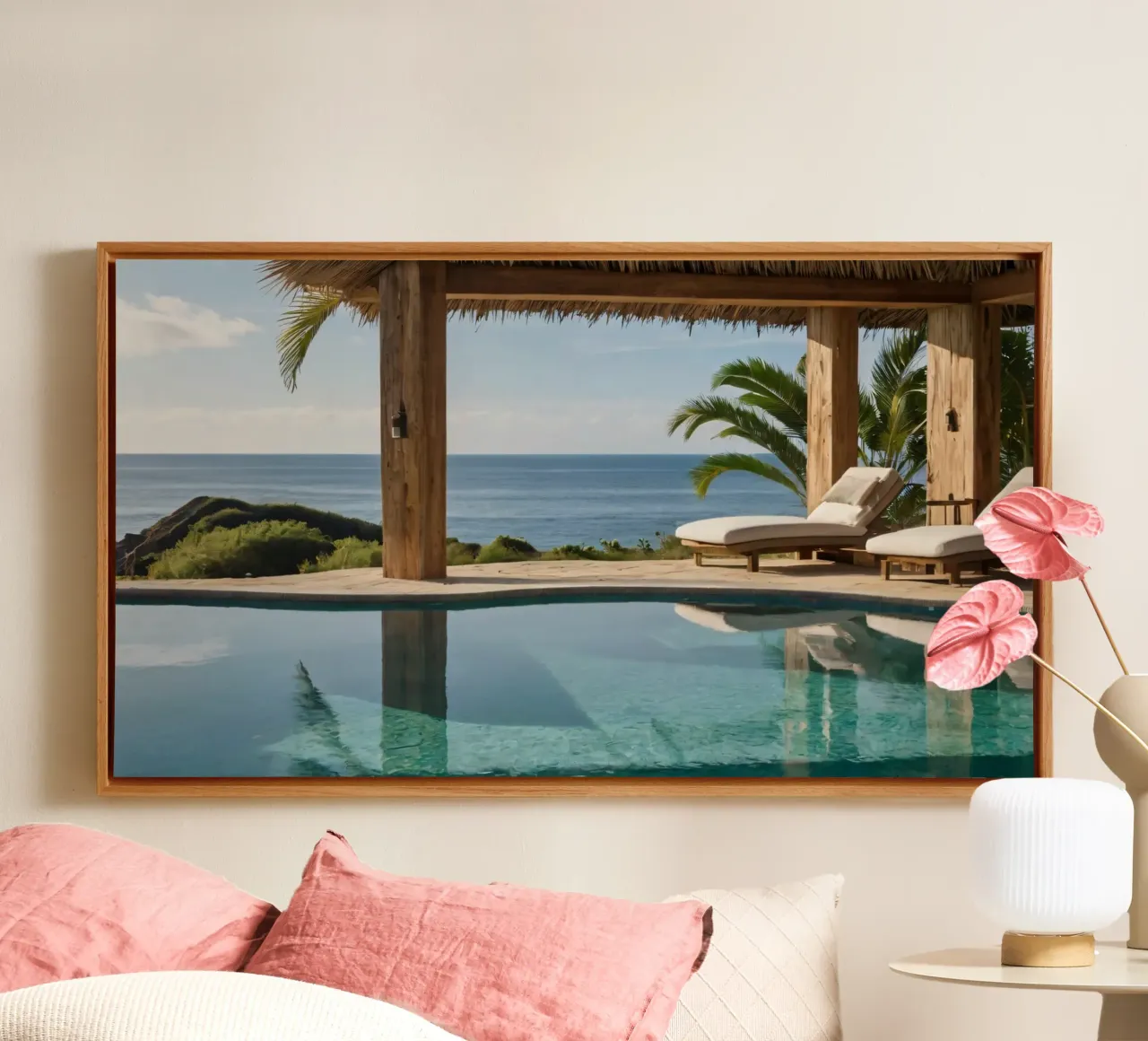 Relaxing by the tranquil poolside with ocean view canvas with Floater frame by DesignDoodle
