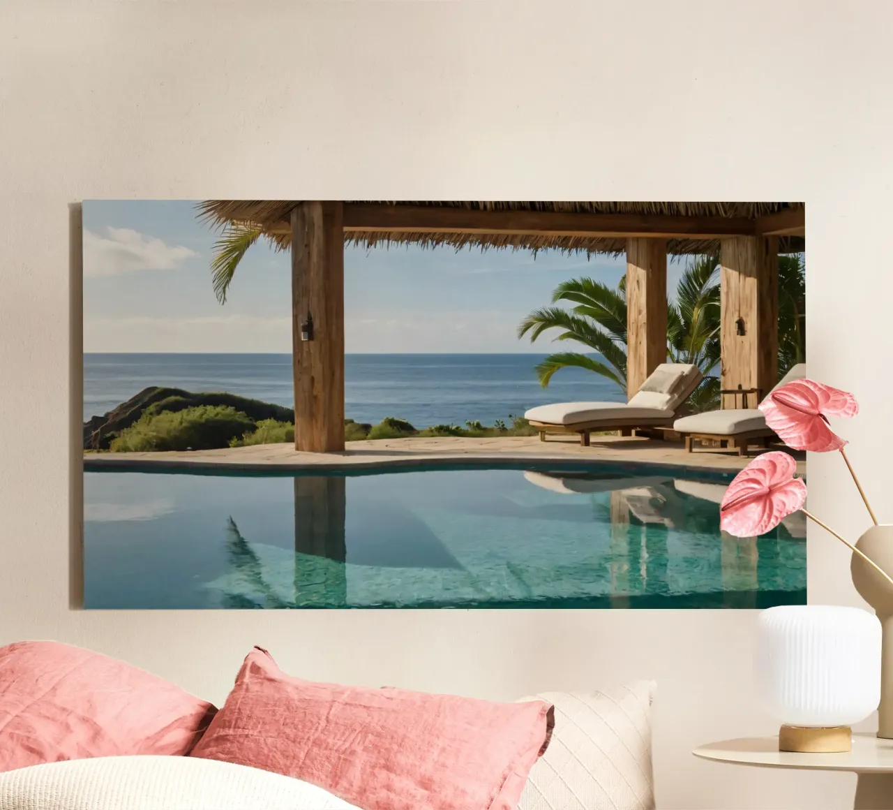 Relaxing by the tranquil poolside with ocean view canvas with Floater frame by DesignDoodle