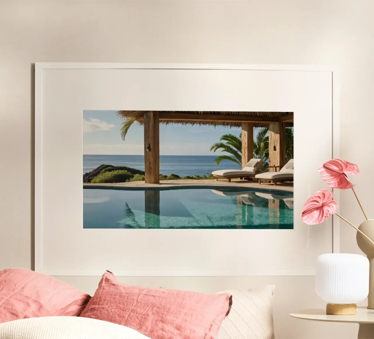 Relaxing by the tranquil poolside with ocean view poster by DesignDoodle