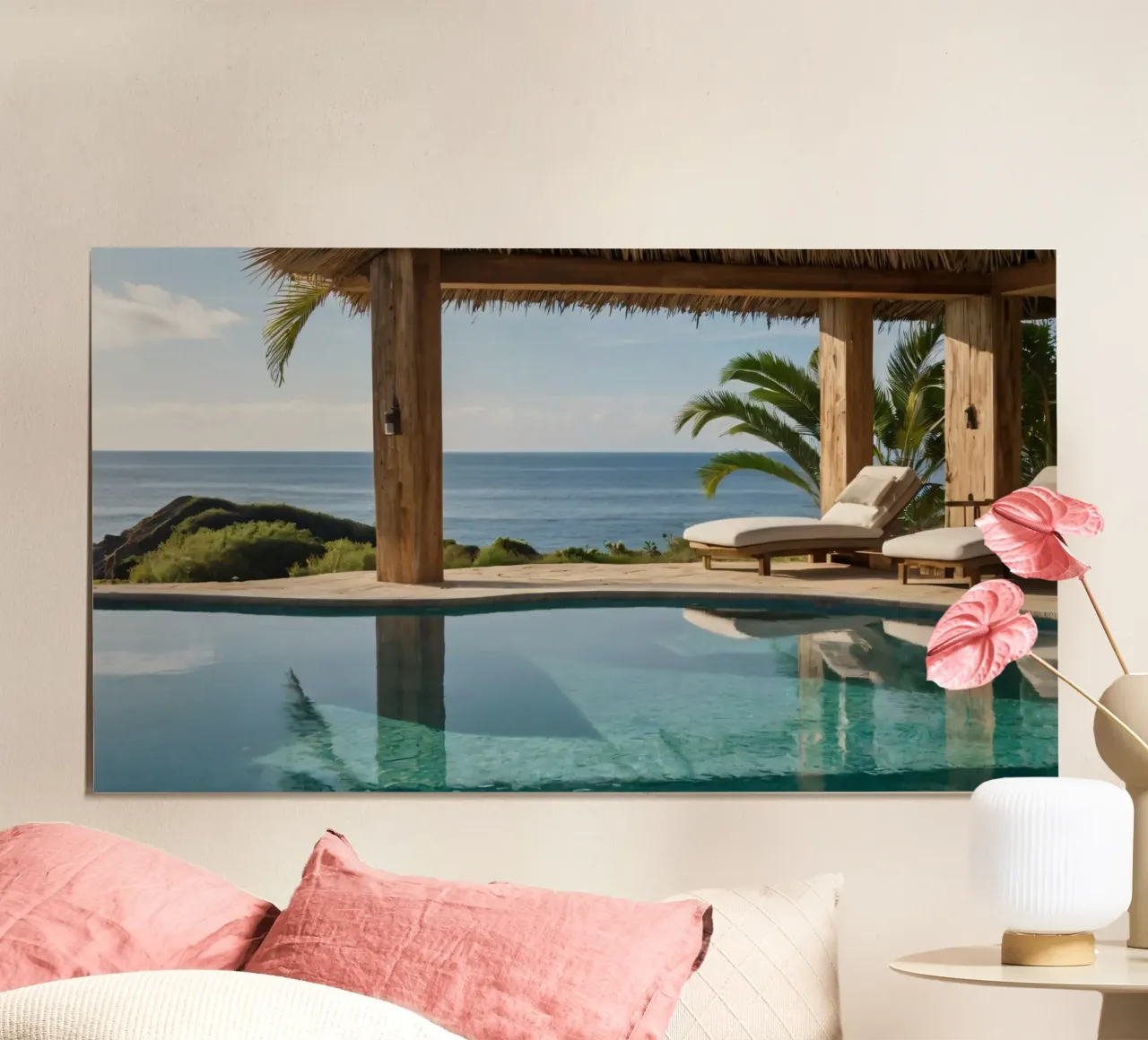 Relaxing by the tranquil poolside with ocean view poster by DesignDoodle