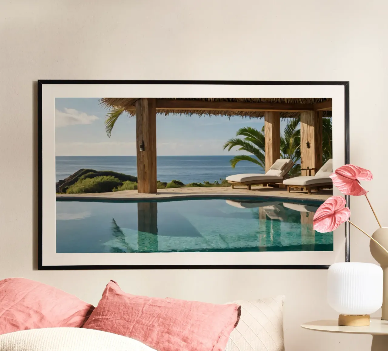 Relaxing by the tranquil poolside with ocean view poster by DesignDoodle