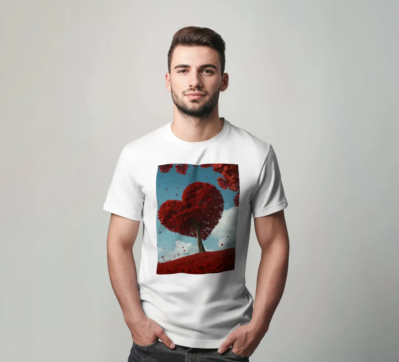 Un rigoglioso albero rosso a forma di cuore circondato da fiori rossi t-shirt da DesignDoodle