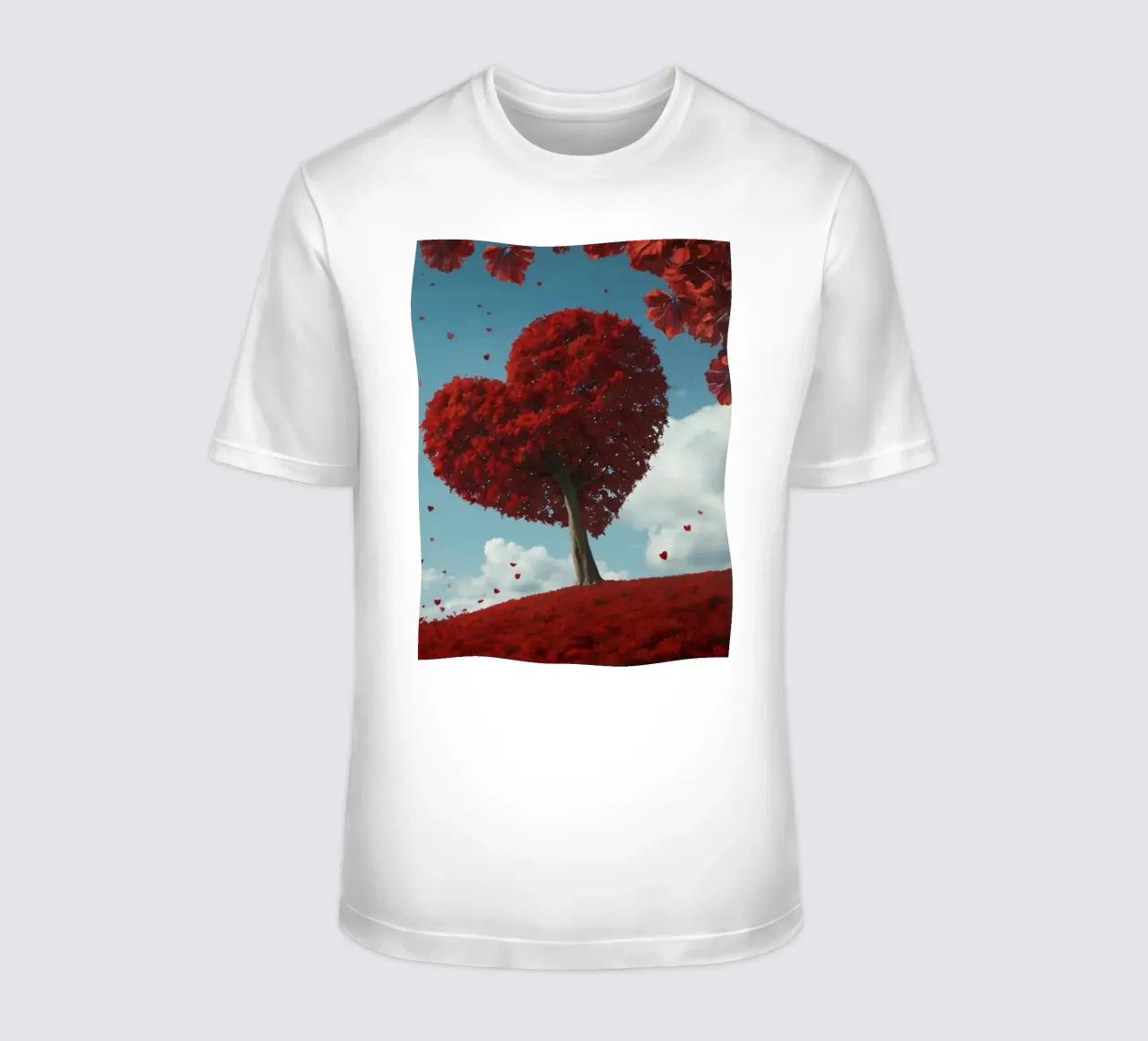 Un rigoglioso albero rosso a forma di cuore circondato da fiori rossi t-shirt da DesignDoodle