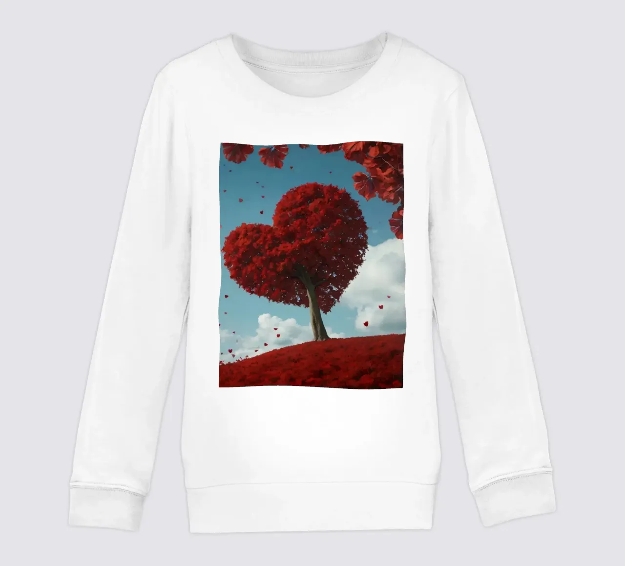 Un rigoglioso albero rosso a forma di cuore circondato da fiori rossi felpa bambino da DesignDoodle