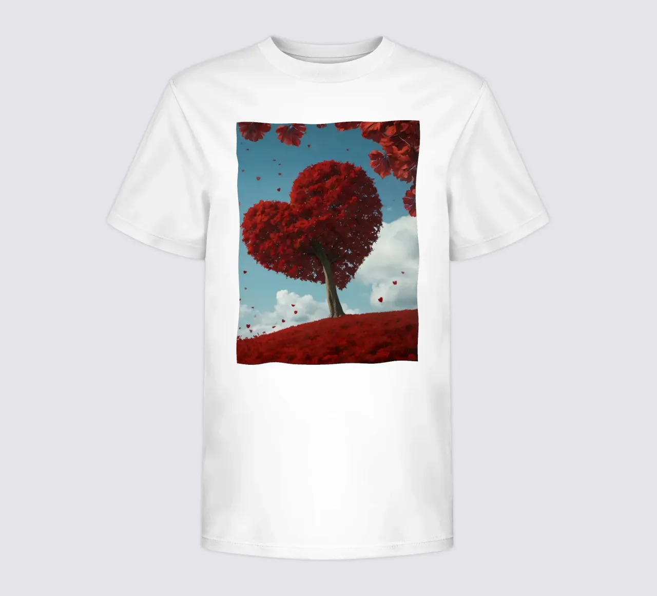 A lush red tree shaped like a heart surrounded red flowers kids t-shirt by DesignDoodle
