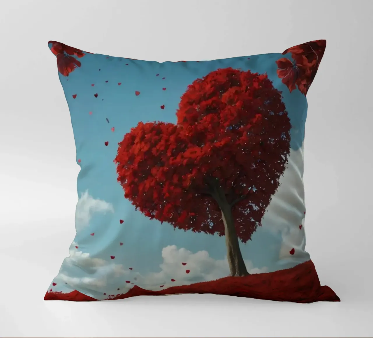 Un rigoglioso albero rosso a forma di cuore circondato da fiori rossi cuscino da DesignDoodle