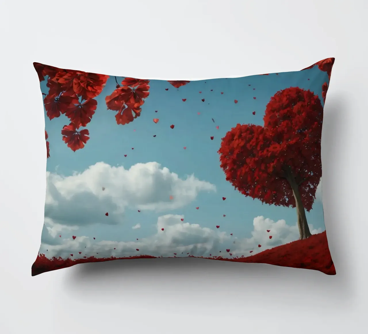 Un rigoglioso albero rosso a forma di cuore circondato da fiori rossi cuscino da DesignDoodle