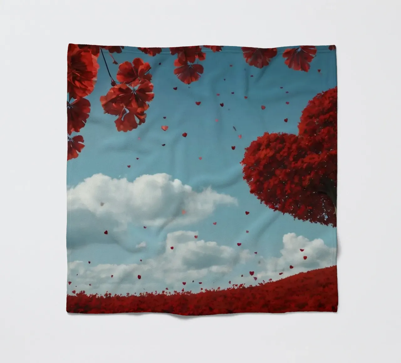 Un arbre rouge luxuriant en forme de cœur entouré de fleurs rouges plaid polaire de DesignDoodle