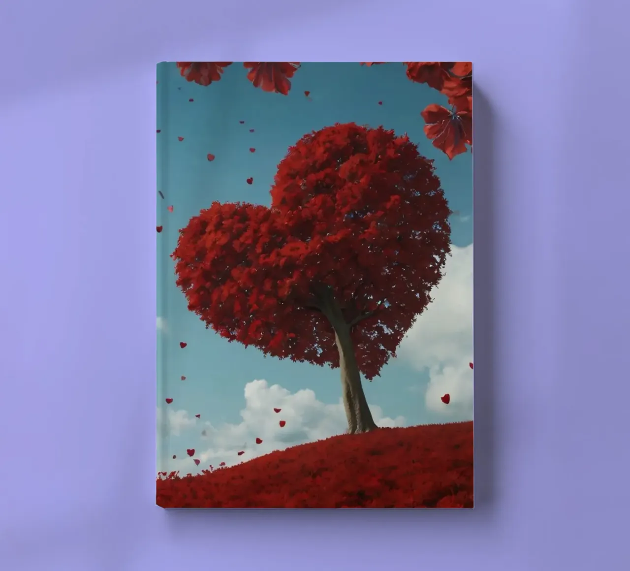A lush red tree shaped like a heart surrounded red flowers notebook by DesignDoodle
