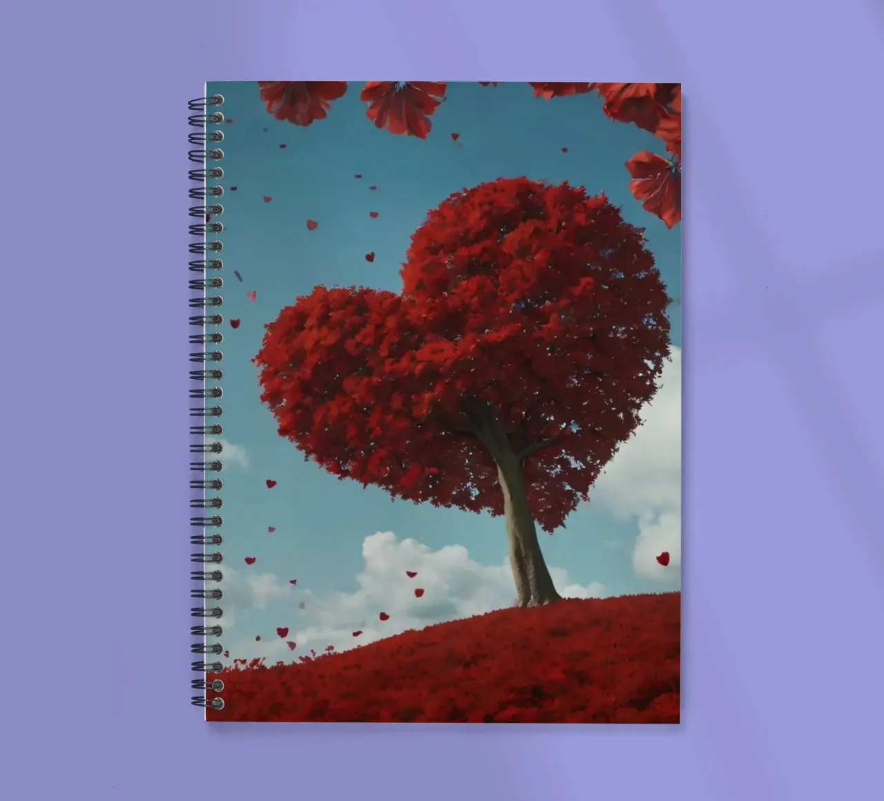 A lush red tree shaped like a heart surrounded red flowers spiral notebook by DesignDoodle