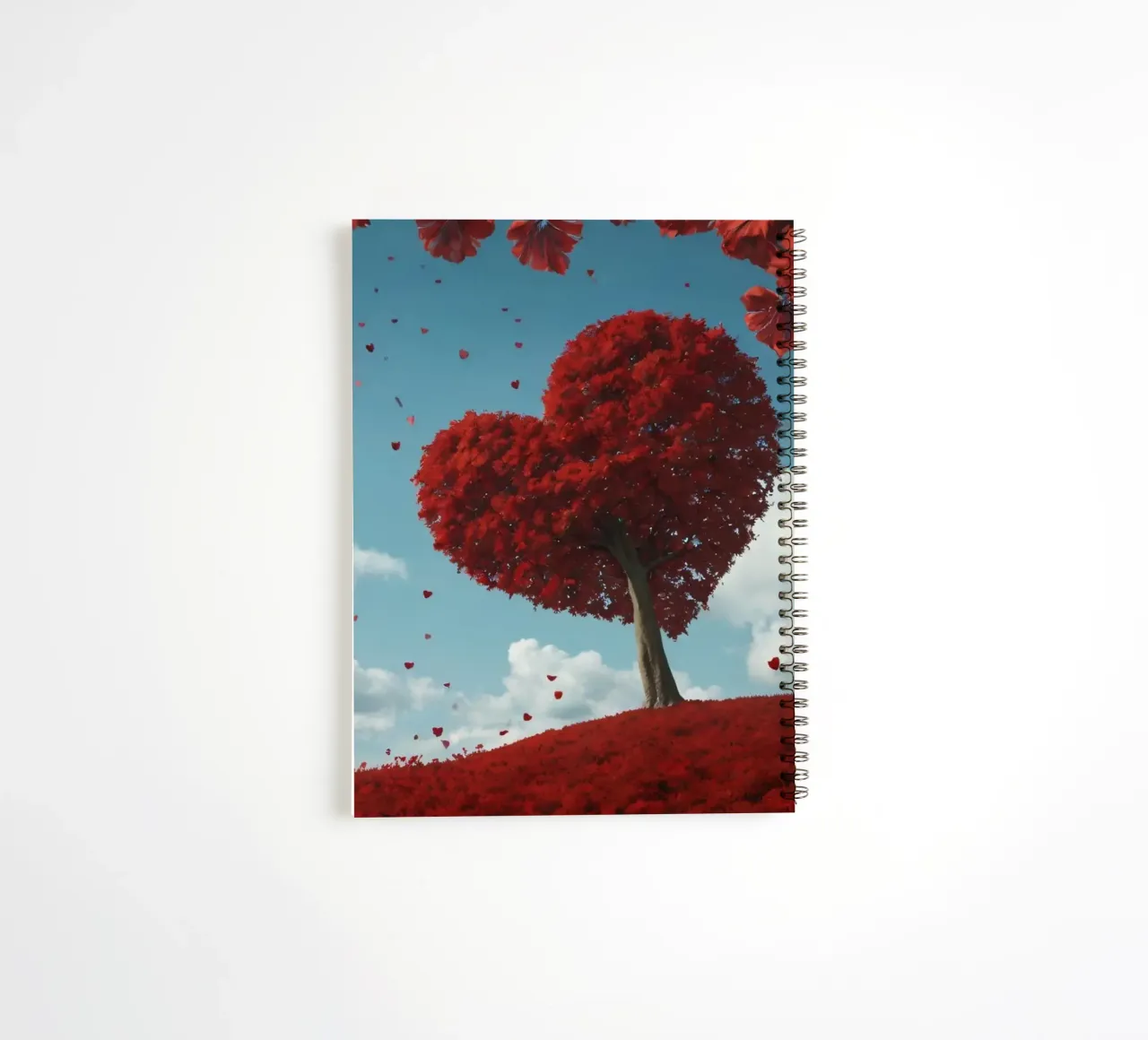 A lush red tree shaped like a heart surrounded red flowers spiral notebook by DesignDoodle