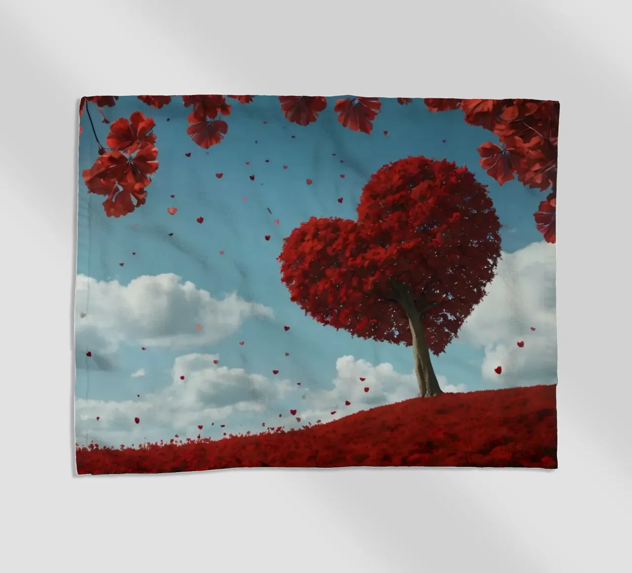 Un rigoglioso albero rosso a forma di cuore circondato da fiori rossi telo mare da DesignDoodle
