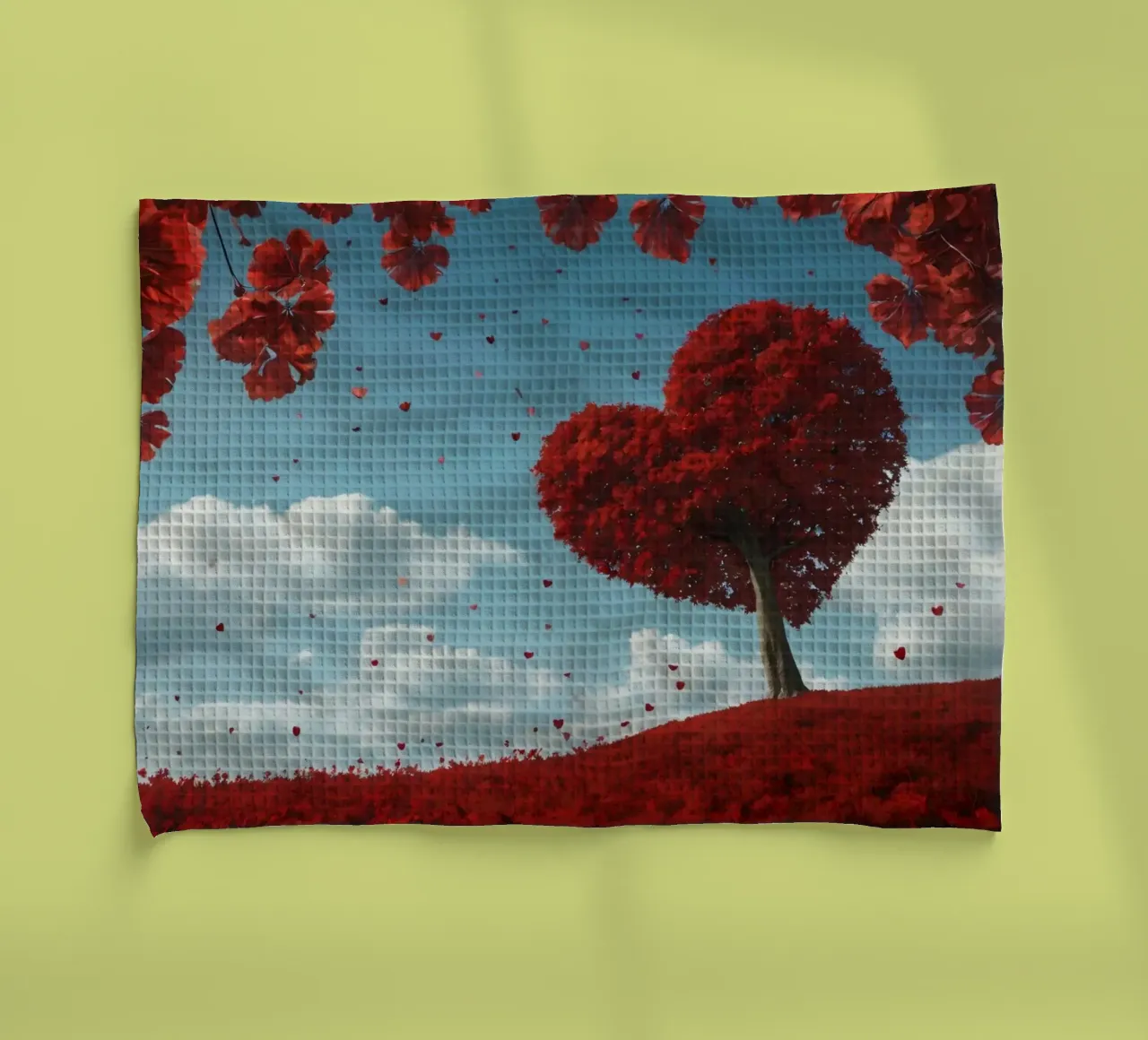 Un rigoglioso albero rosso a forma di cuore circondato da fiori rossi canovaccio da cucina da DesignDoodle