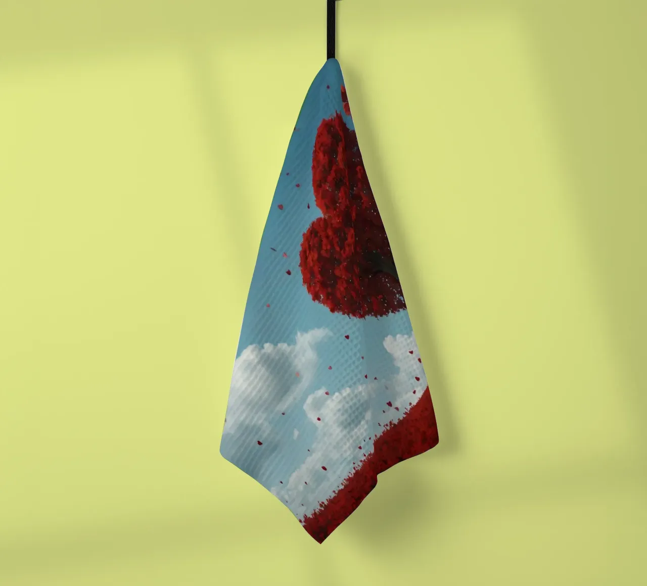 Un rigoglioso albero rosso a forma di cuore circondato da fiori rossi canovaccio da cucina da DesignDoodle