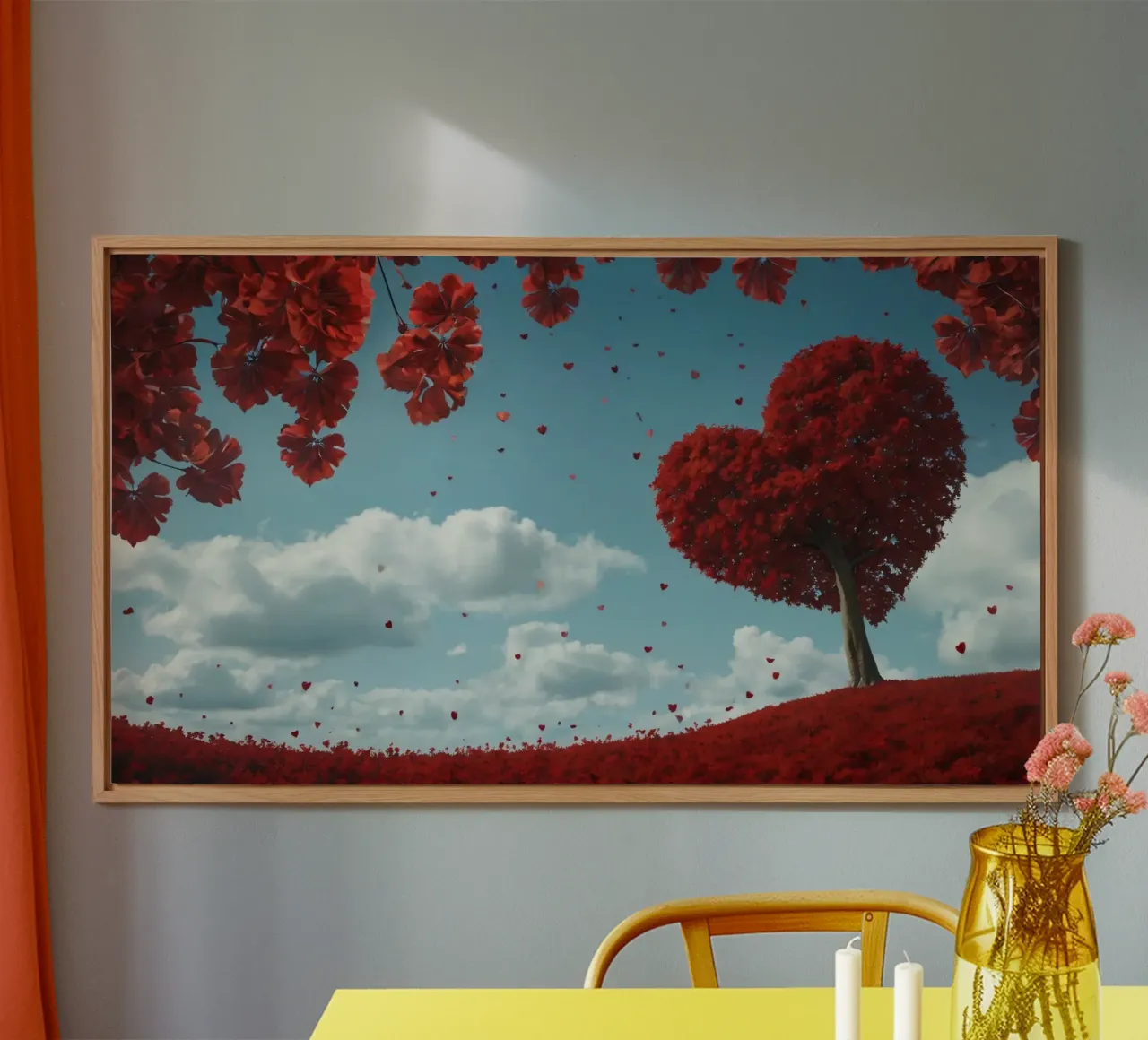 Ein üppiger roter Baum in Form eines Herzens, umgeben von roten Blumen Alu-Dibond von DesignDoodle