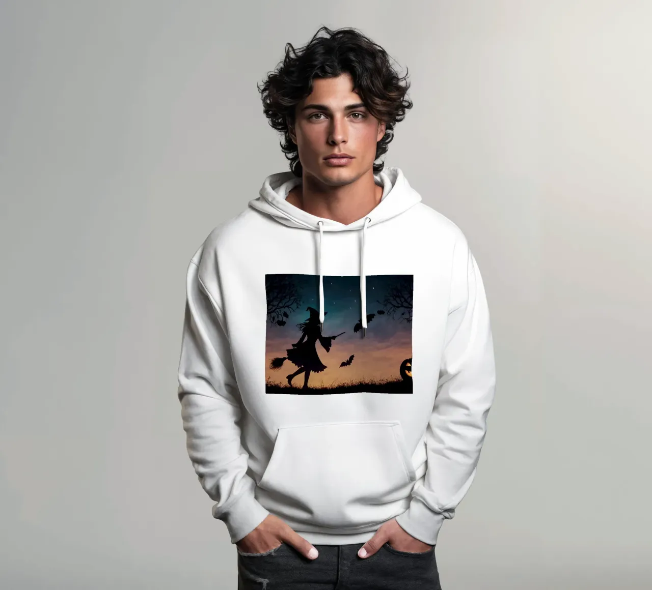 Eine silhouettierte Hexe, die auf einem Besenstiel in einer dämmrigen Fledermaus fliegt Hoodie von DesignDoodle