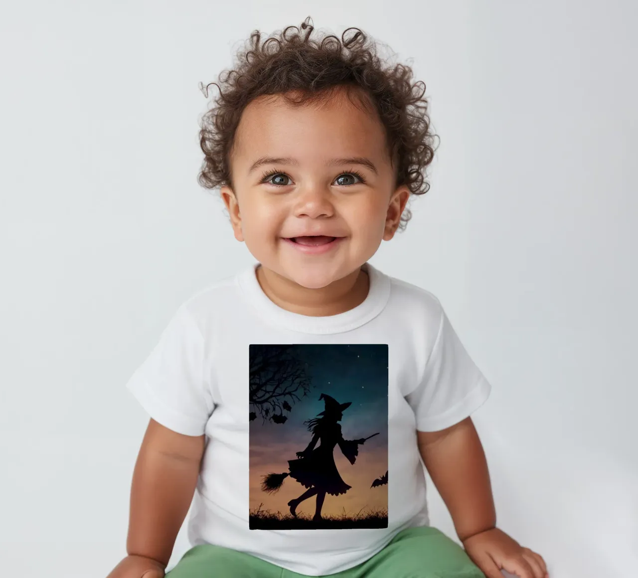 Una strega in controluce che vola su un manico di scopa in un pipistrello crepuscolare maglietta neonato da DesignDoodle