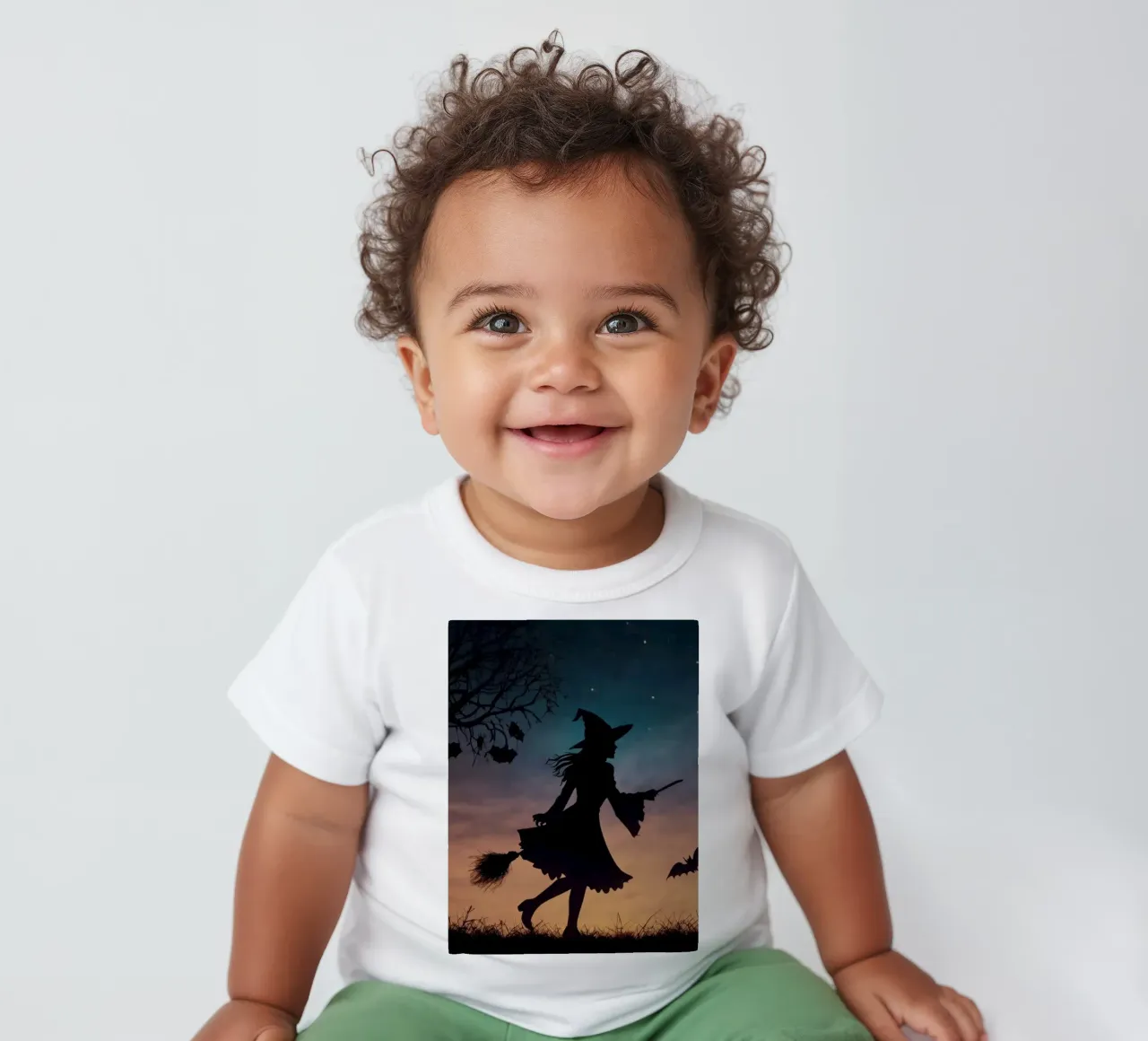 Silhouette d'une sorcière volant sur un balai dans une chauve-souris crépusculaire. t-shirt pour bébé de DesignDoodle