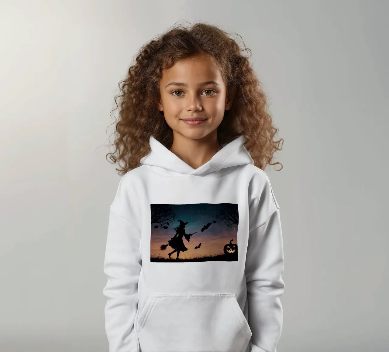 Una strega in controluce che vola su un manico di scopa in un pipistrello crepuscolare felpa bambino con cappuccio da DesignDoodle