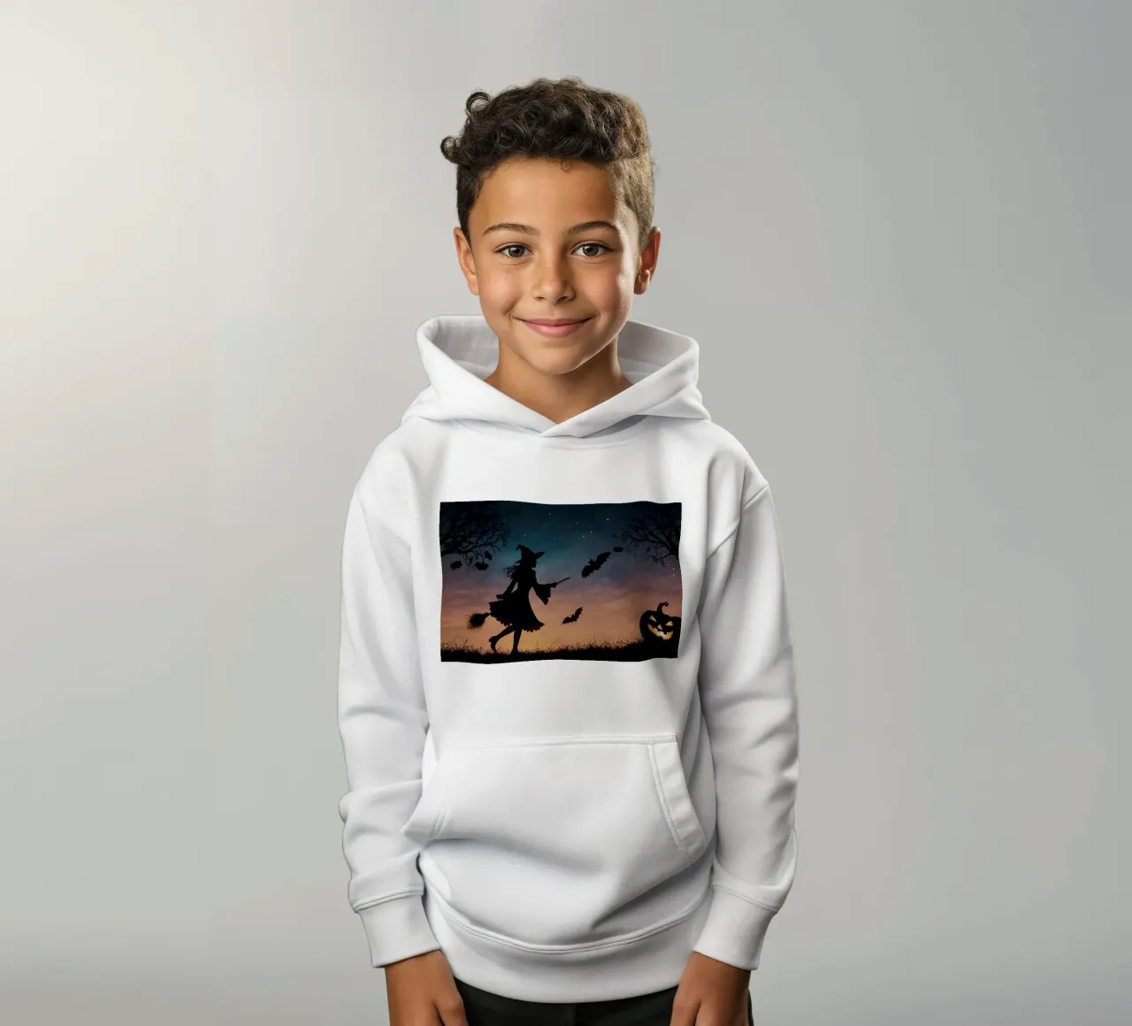 Eine silhouettierte Hexe, die auf einem Besenstiel in einer dämmrigen Fledermaus fliegt Kinder Hoodie von DesignDoodle