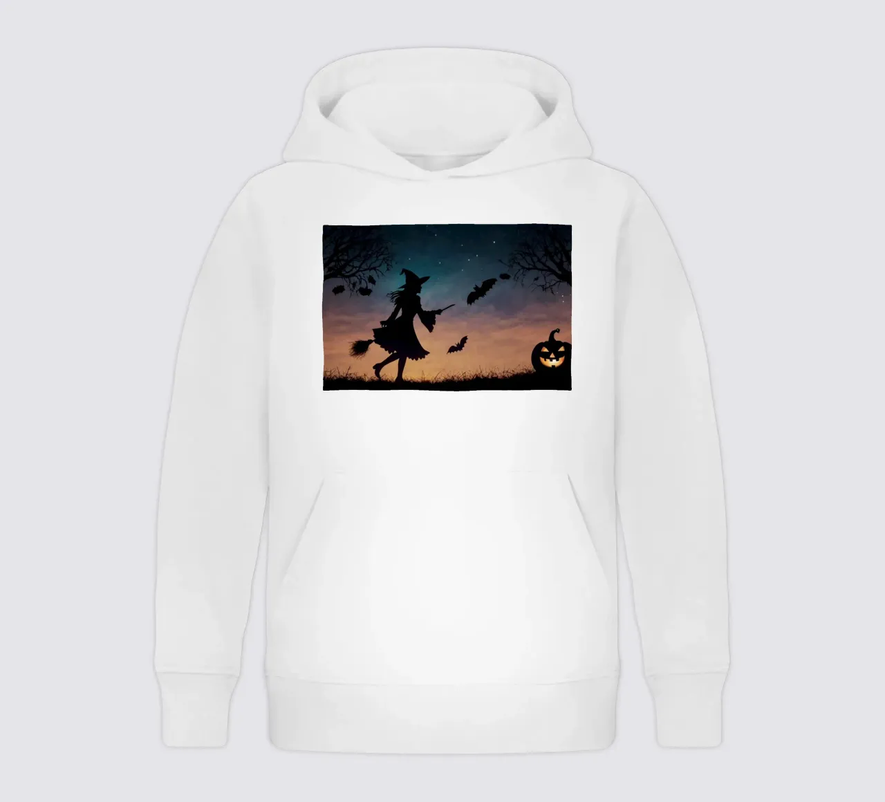Una strega in controluce che vola su un manico di scopa in un pipistrello crepuscolare felpa bambino con cappuccio da DesignDoodle