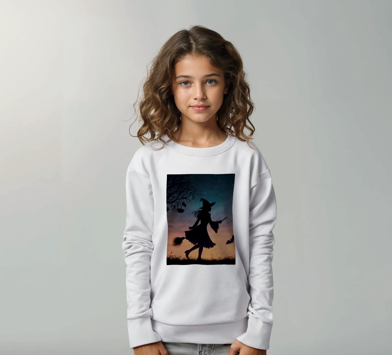 Una strega in controluce che vola su un manico di scopa in un pipistrello crepuscolare felpa bambino da DesignDoodle