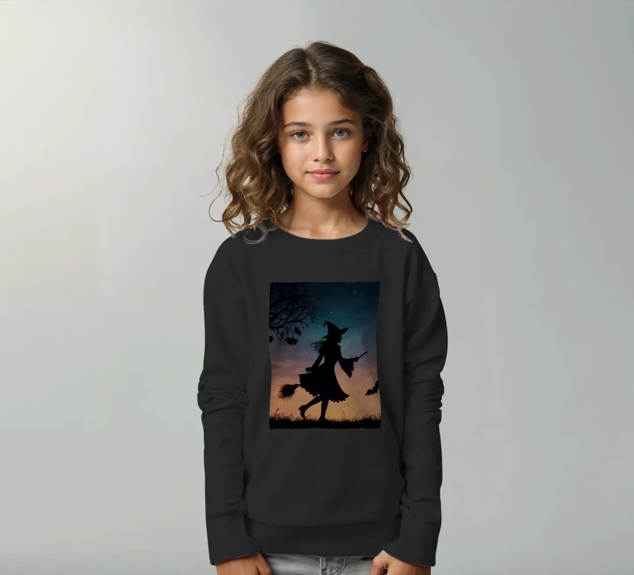 Una strega in controluce che vola su un manico di scopa in un pipistrello crepuscolare felpa bambino da DesignDoodle