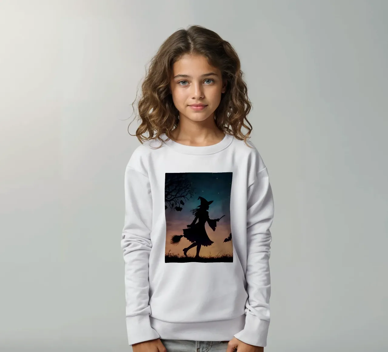 Silhouette d'une sorcière volant sur un balai dans une chauve-souris crépusculaire. sweat enfant de DesignDoodle
