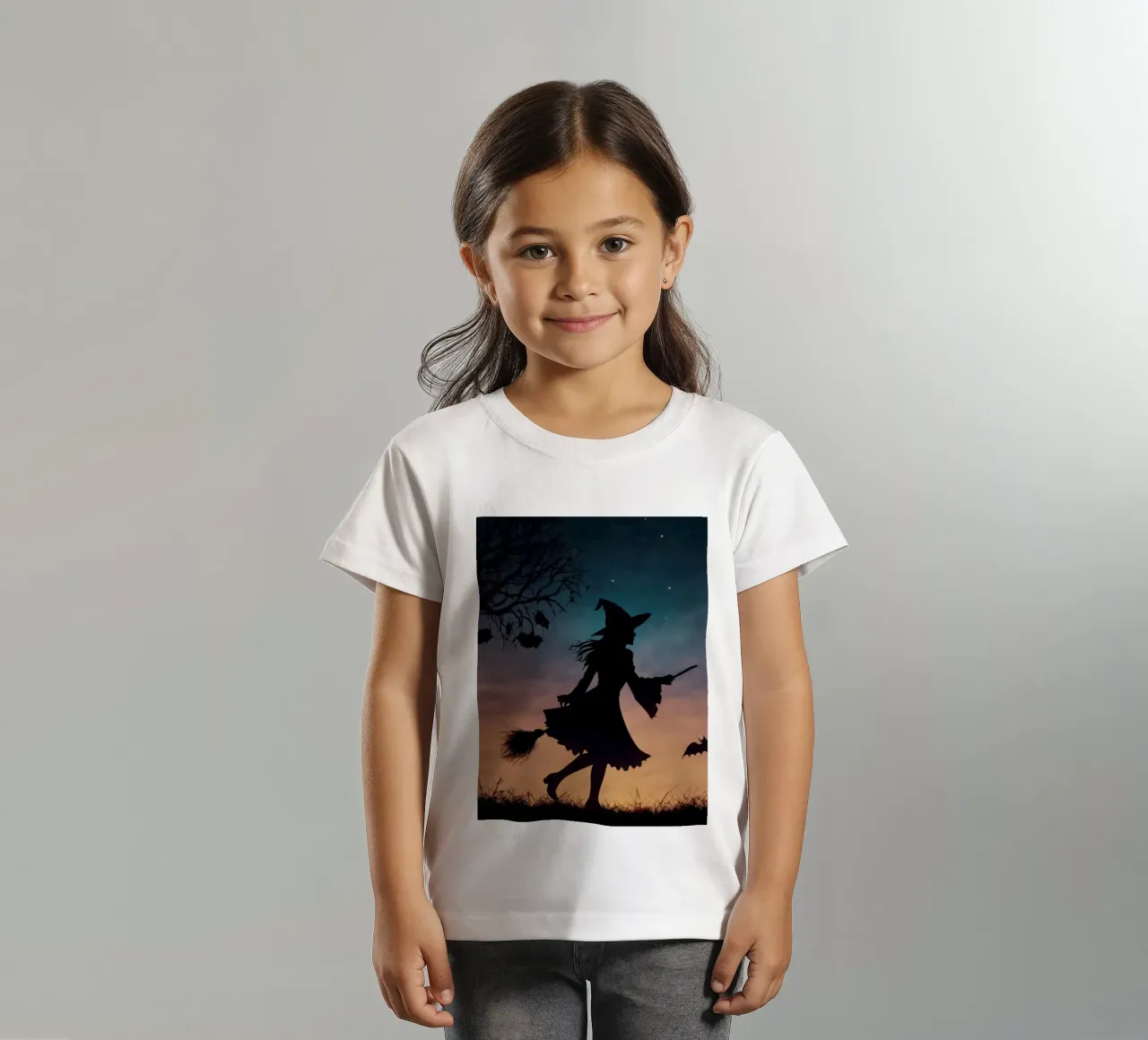 Una strega in controluce che vola su un manico di scopa in un pipistrello crepuscolare t-shirt bambini da DesignDoodle