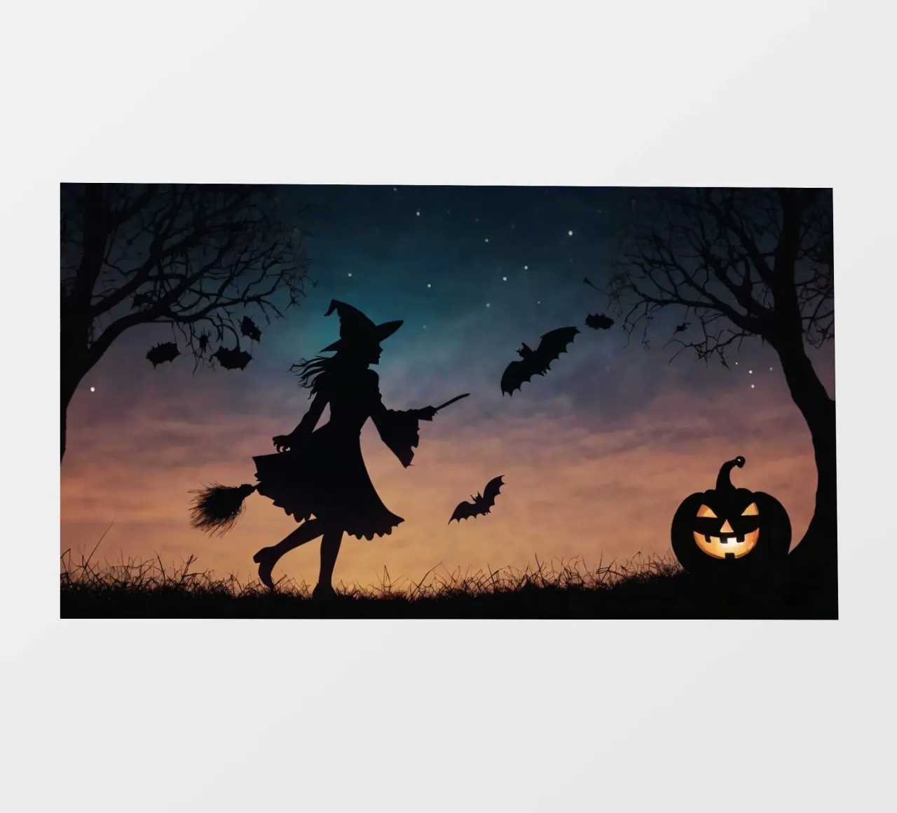 Eine silhouettierte Hexe, die auf einem Besenstiel in einer dämmrigen Fledermaus fliegt Backlit Folie von DesignDoodle