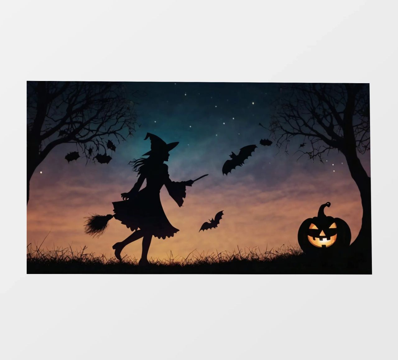 Una strega in controluce che vola su un manico di scopa in un pipistrello crepuscolare telo in pvc da DesignDoodle