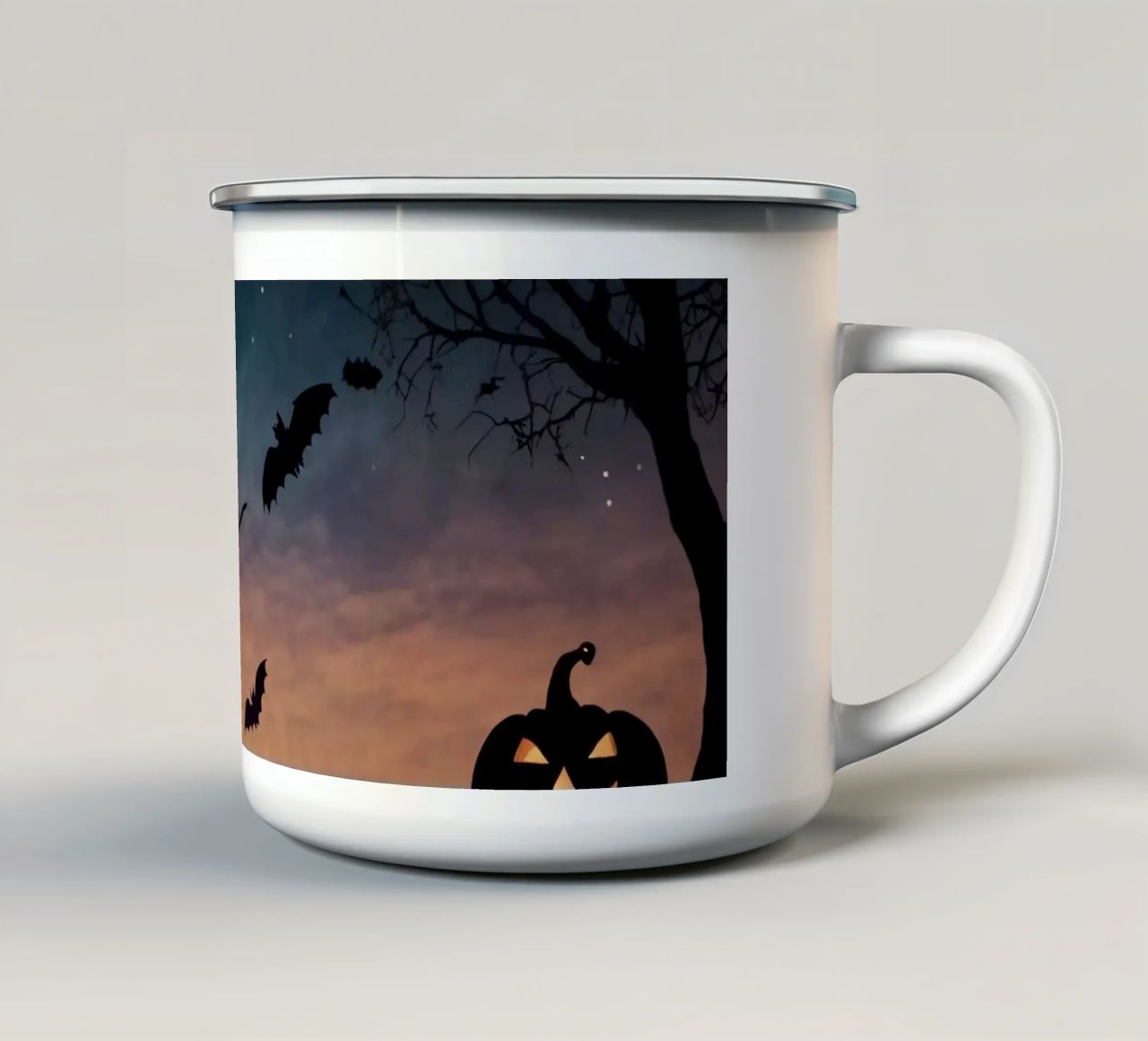 Una strega in controluce che vola su un manico di scopa in un pipistrello crepuscolare tazza in smalto da DesignDoodle