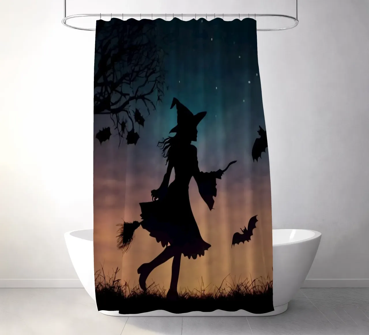 A silhouetted witch flying on a broomstick in a twilight bat shower curtain by DesignDoodle