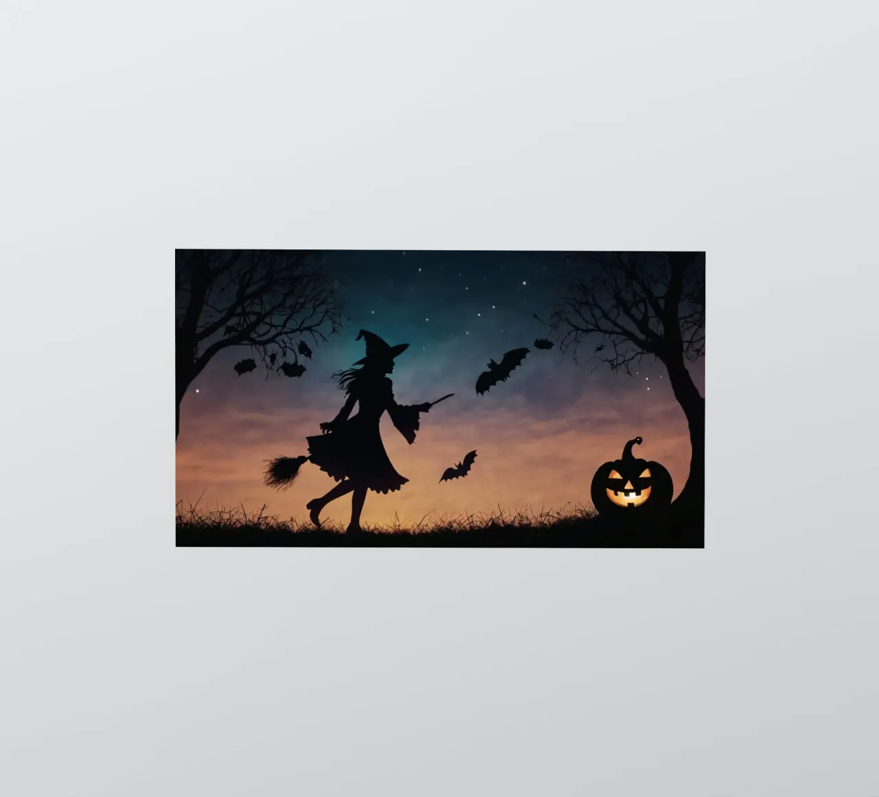 Una strega in controluce che vola su un manico di scopa in un pipistrello crepuscolare adesivo da DesignDoodle